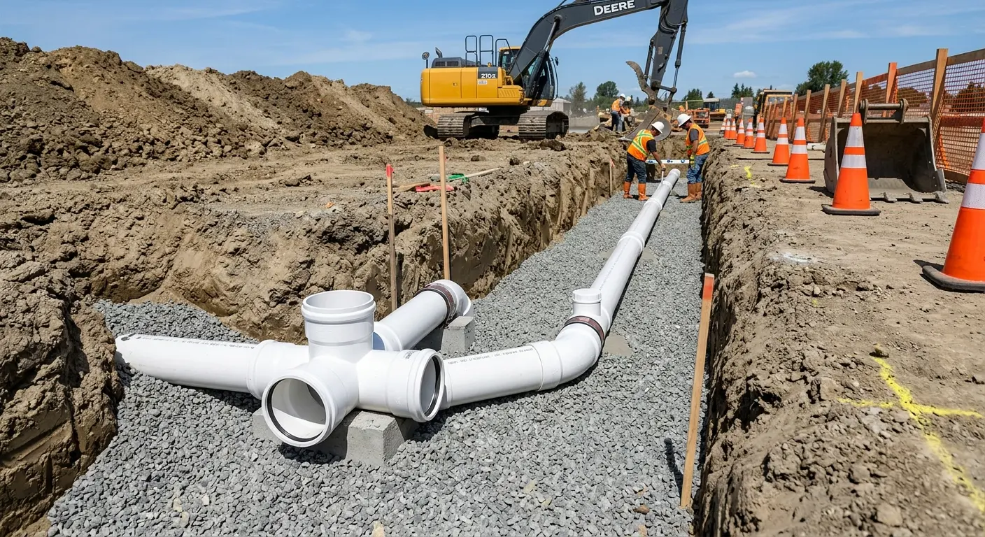 New PVC sewer pipe installation in open trench for Commercial Drain Cleaning in Selah