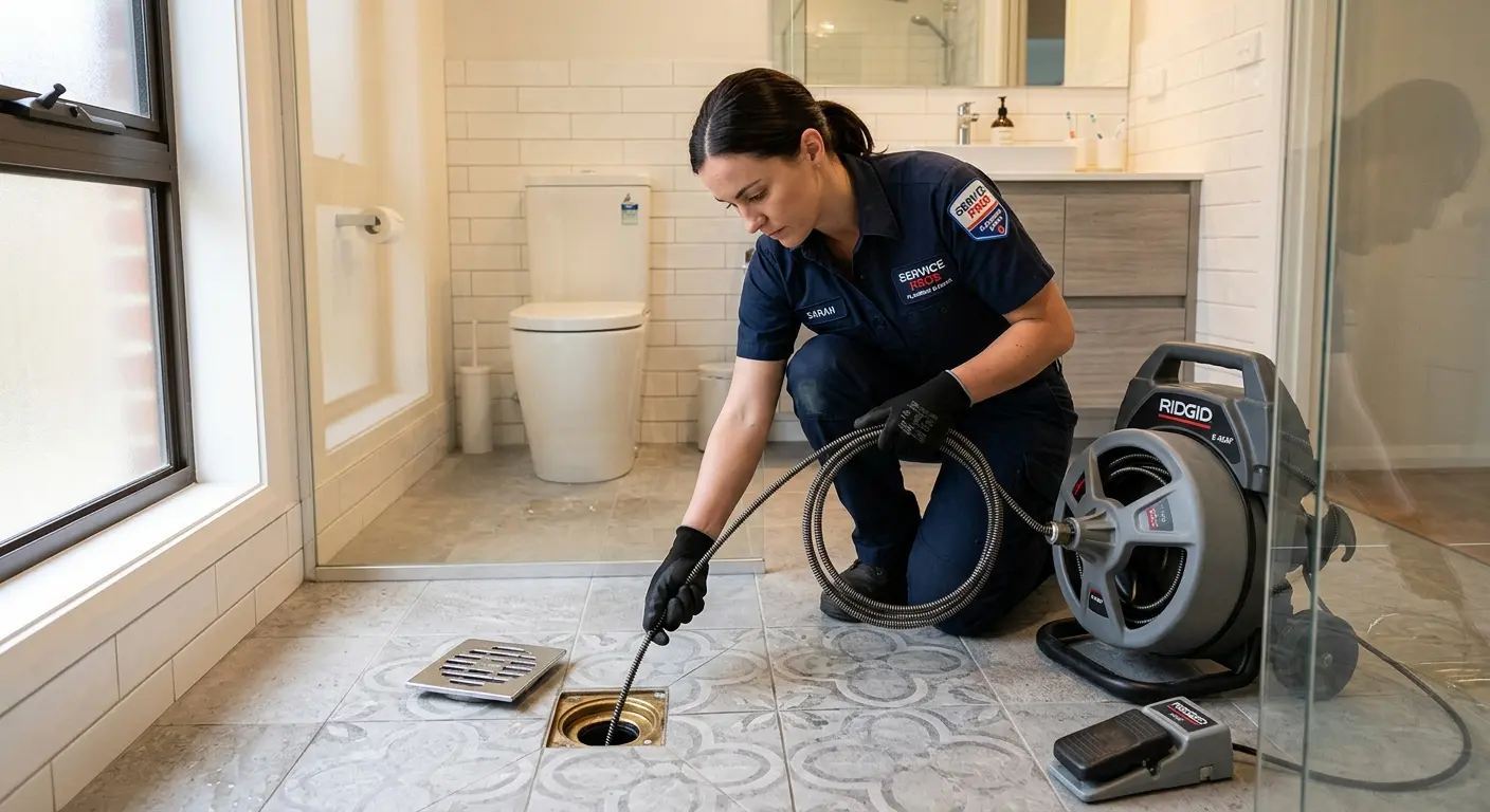 Technician clearing a bathroom floor drain for Drain Repair in Selah